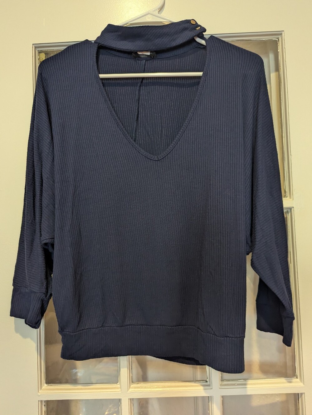 Navy Ribbed V-Neck Top